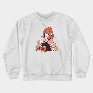 Cute dog mom drinking hot chocolate with her dogs Crewneck Sweatshirt